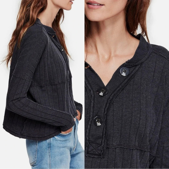 We The Free In The Mix Ribbed Oversized Long Sleeve Henley Top Charcoal Gray XS - Picture 2 of 14